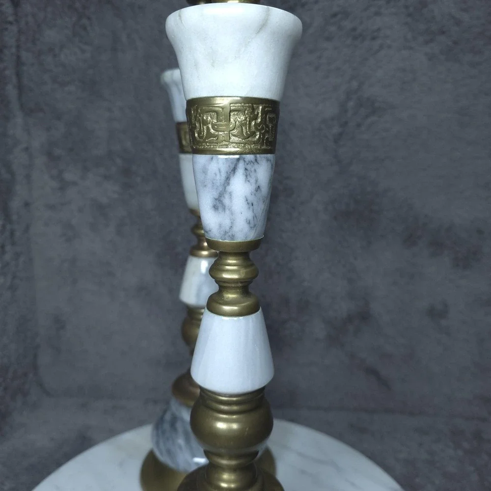 Vintage Brass Marble Candlestick Holders White Stone Taper Pillar Pair Decor 15